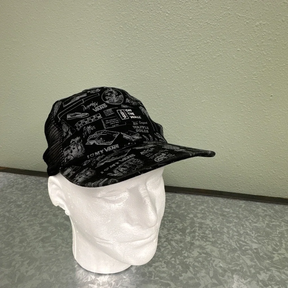 Vans‎ Snapback Trucker Hat All Over Print Mesh Waffle Soles Rare Black Retro